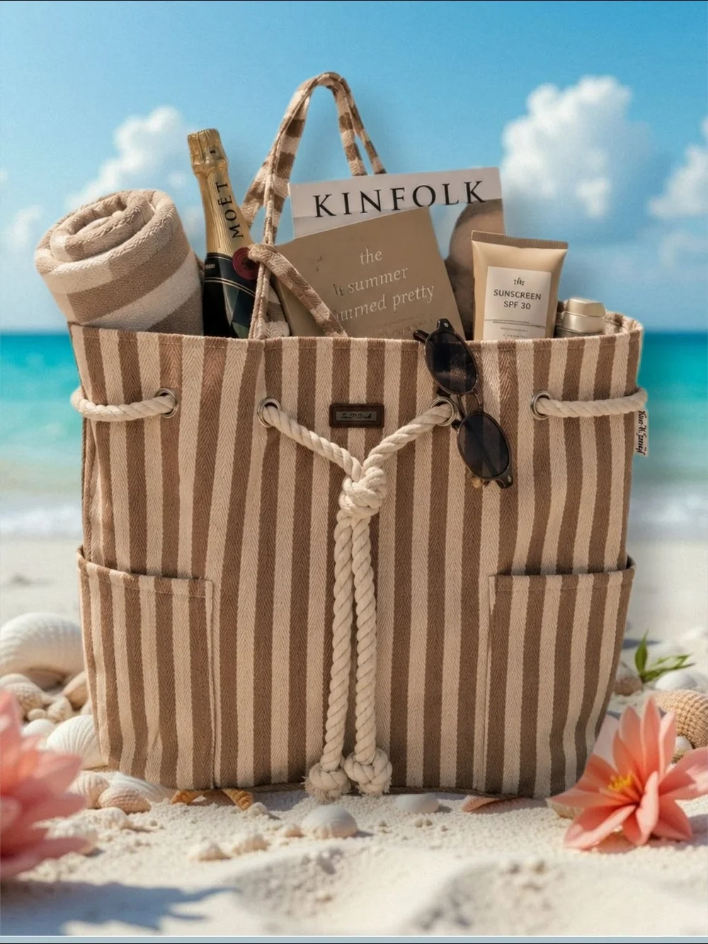SUN and SAND Cream and Brown Stripe Tote Bag with Rope Closure Detail NWT